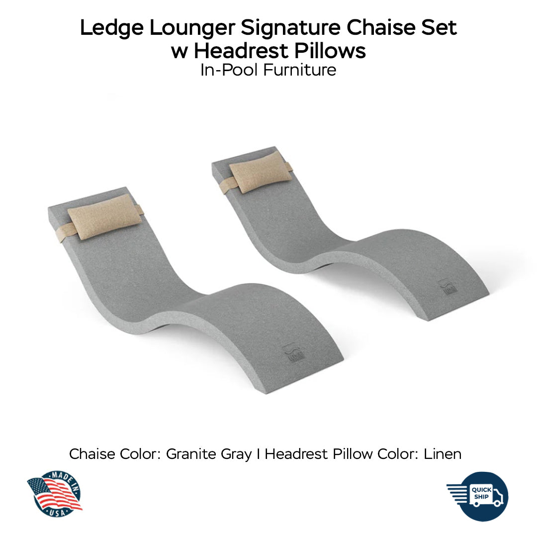 QUICKSHIP Ledge Lounger Signature Chaise Set w Headrest Pillows - Color Granite Gray - Pillow Linen - In-Pool Furniture - Majestic Fountains