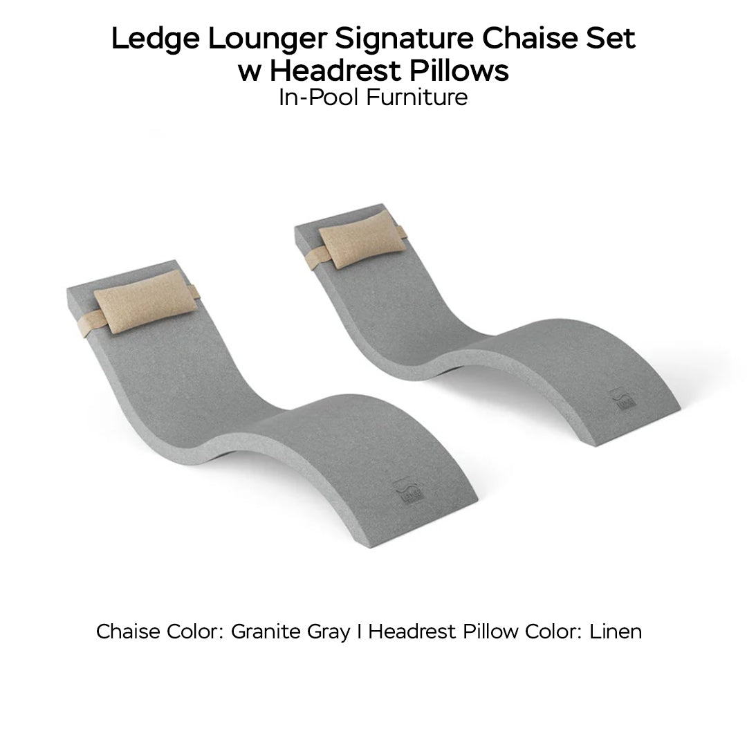 Ledge Lounger Signature Chaise Set w Headrest Pillows - Color Granite Gray - Pillow Linen - In-Pool Furniture - Majestic Fountains