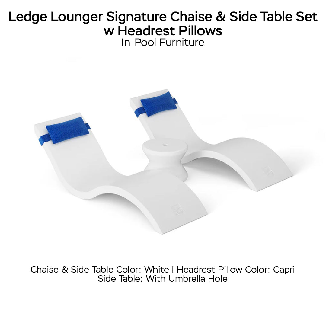 Ledge Lounger Signature Chaise & Side Table Set w Headrest Pillows Color White -  Side Table With Umbrella Hole - Headrest Pillow Color Capri - In-Pool Furniture - Majestic Fountains
