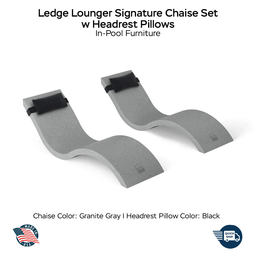 QUICKSHIP Ledge Lounger Signature Chaise Set w Headrest Pillows - Color Granite Gray - Pillow Black - In-Pool Furniture - Majestic Fountains