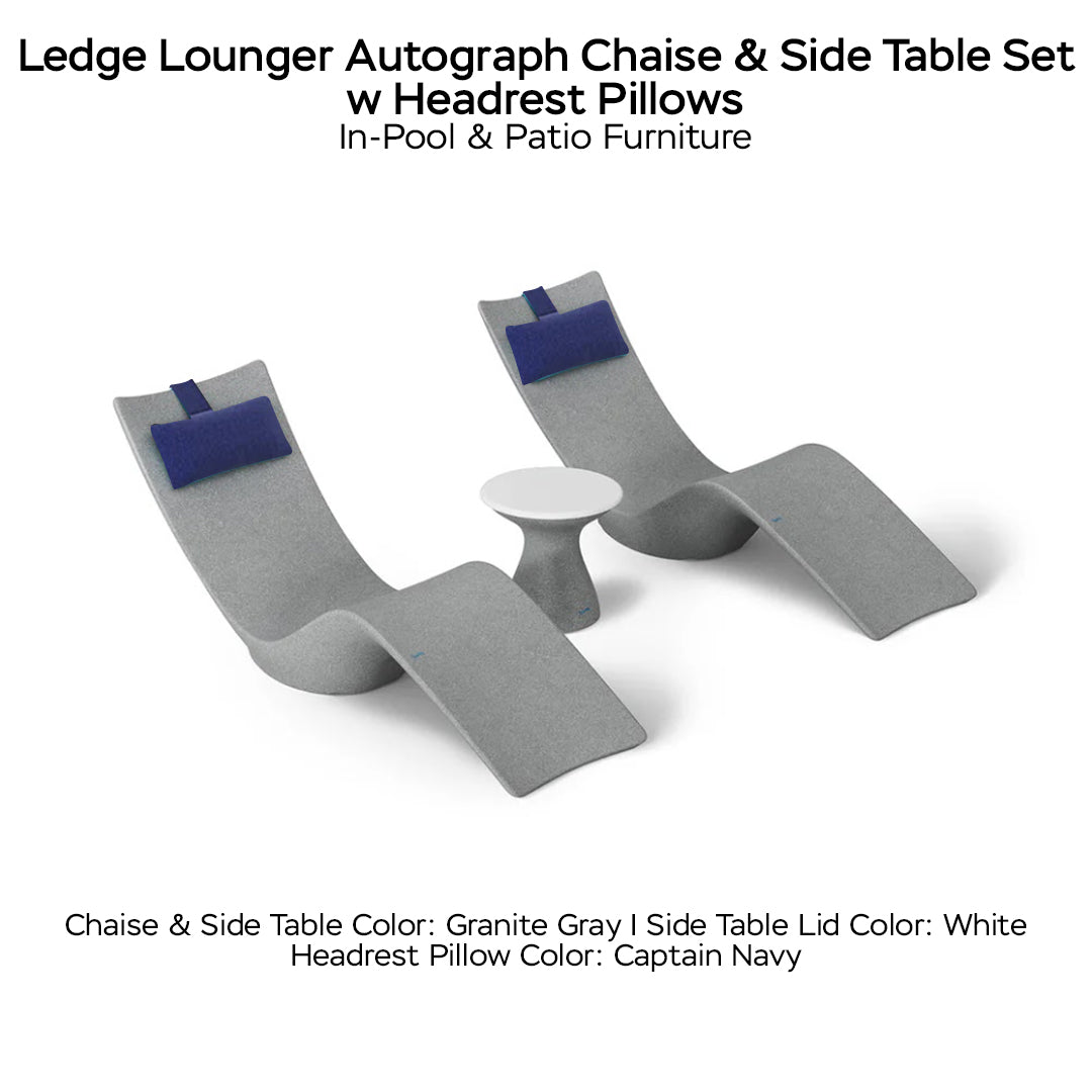 Ledge Lounger Autograph Chaise & Side Table Set w Headrest Pillows - Color Granite Gray - Table Lid White - Pillow Captain Navy - In-Pool & Patio Furniture - Majestic Fountains