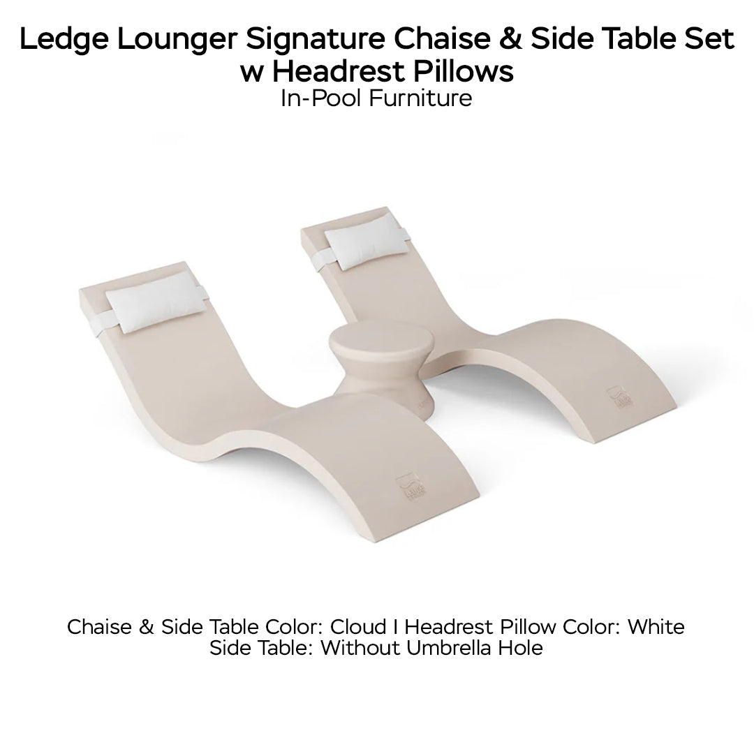 Ledge Lounger Signature Chaise & Side Table Set w Headrest Pillows Color Cloud -  Side Table Without Umbrella Hole - Headrest Pillow Color White - In-Pool Furniture - Majestic Fountains