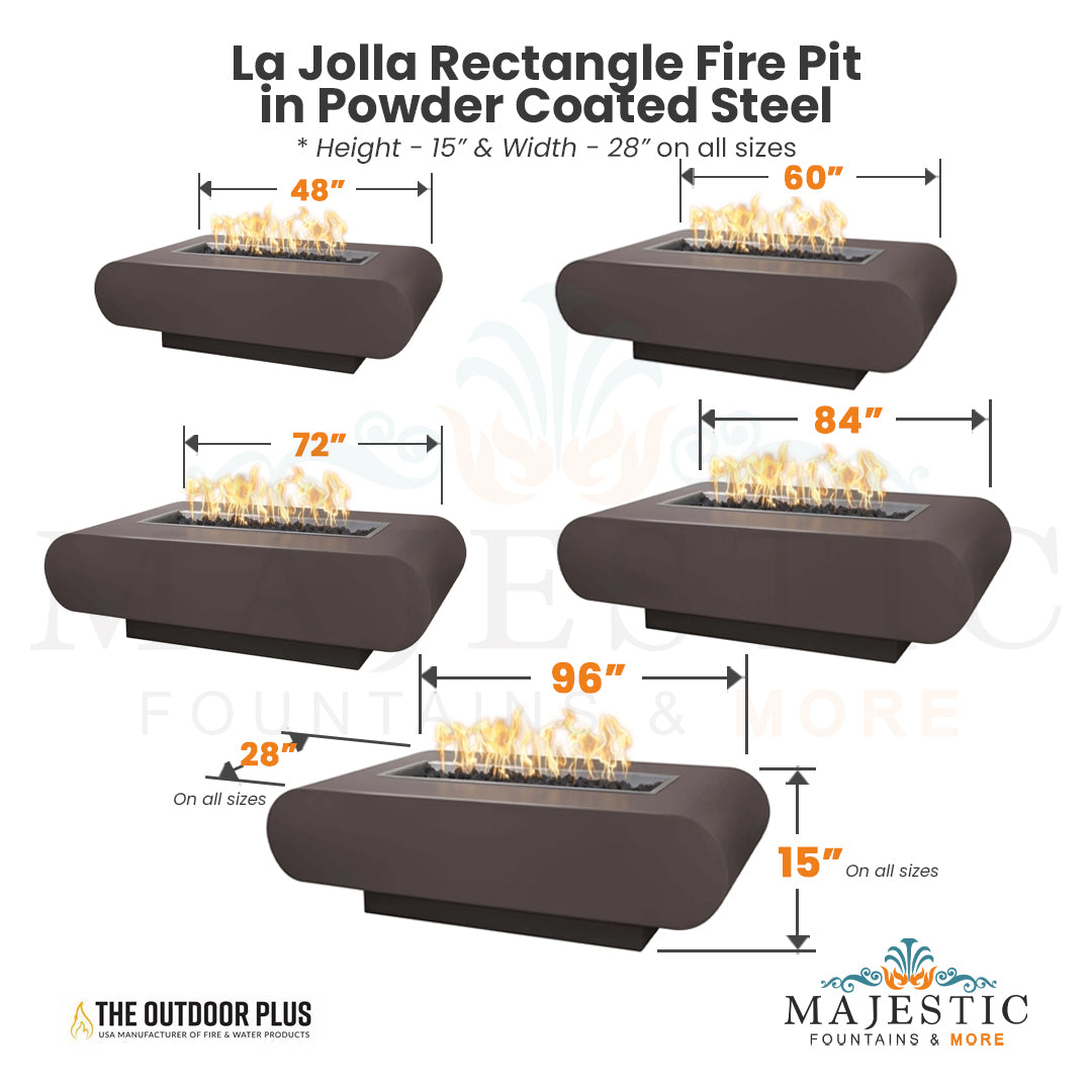 La Jolla Rectangle Fire Pit in Powder Coated Steel - Majestic Fountains and More