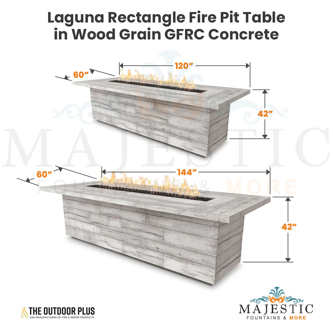 Laguna Rectangle Fire Pit Table in Wood Grain GFRC Concrete - Majestic Fountains