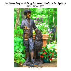 Lantern Boy and Dog Bronze Life-Size Sculpture - Majestic Fountains & More