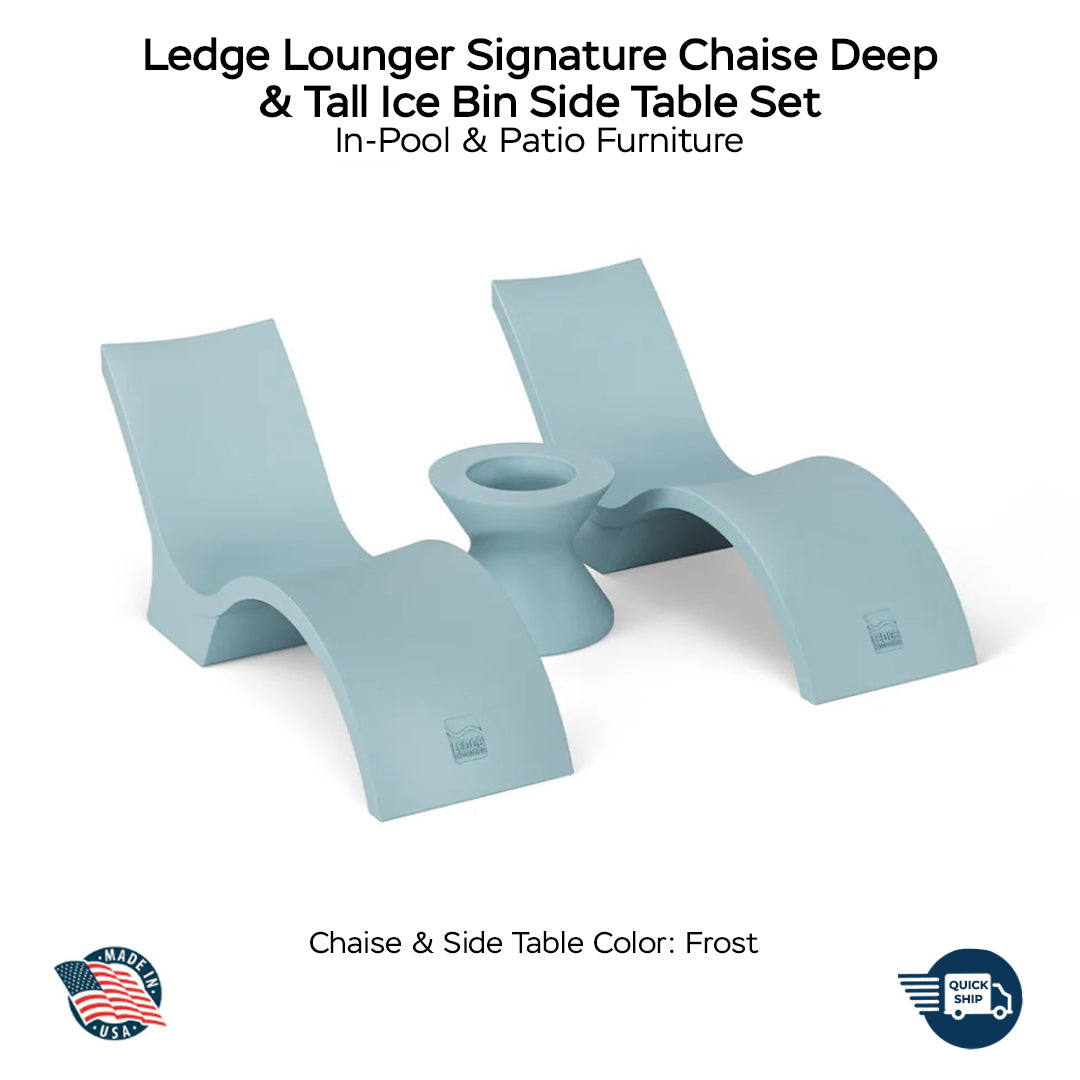 QUICKSHIP Ledge Lounger Signature Chaise Deep & Tall Ice Bin Side Table Set Color Frost - In-Pool & Patio Furniture - Majestic Fountains