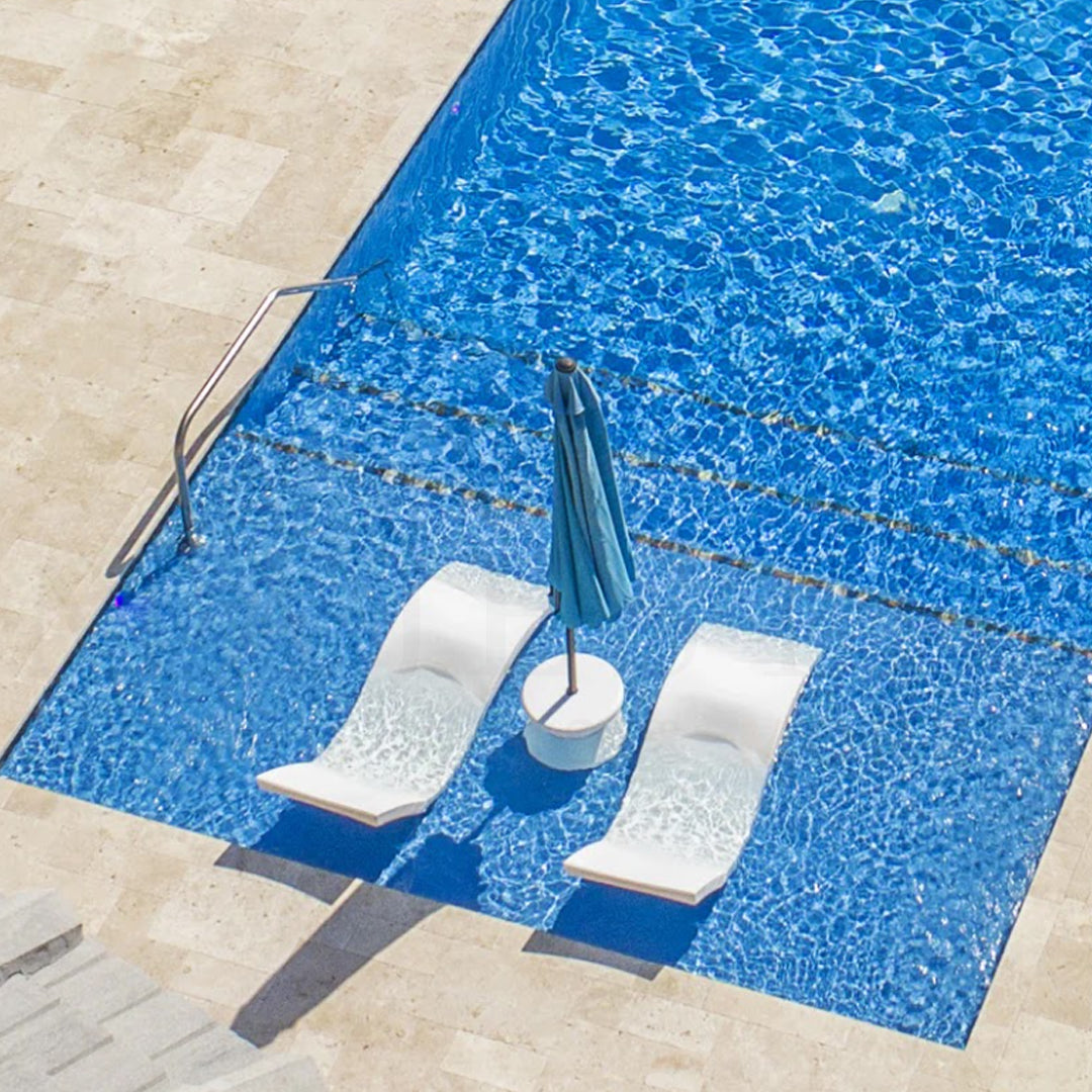 Ledge Lounger Signature Chaise & Side Table Set Color White - Side Table With Umbrella Hole - In-Pool Furniture - Majestic Fountains