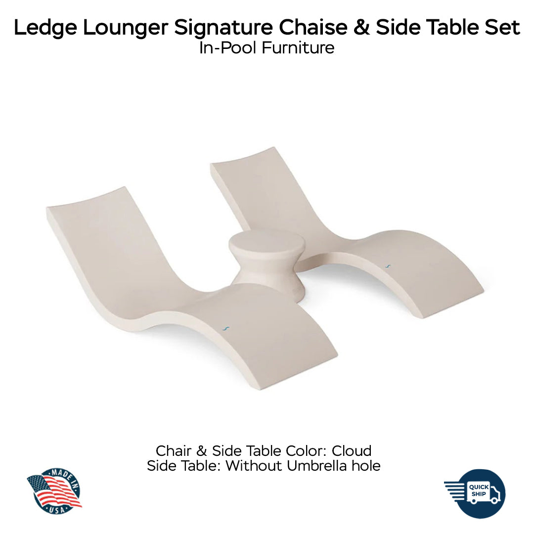 QUICKSHIP Ledge Lounger Signature Chaise & Side Table Set Color Cloud - Side Table Without Umbrella Hole - In-Pool Furniture - Majestic Fountains