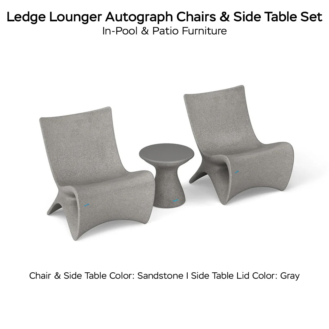 Ledge Lounger Autograph Chairs & Side Table Set Color Sandstone Table Lid Color Gray - In-Pool & Patio Furniture - Majestic Fountains