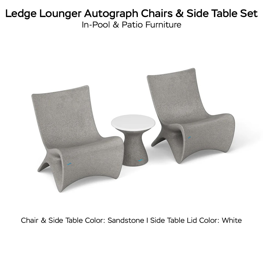 Ledge Lounger Autograph Chairs & Side Table Set Color Granite Gray Table Lid Color White - In-Pool & Patio Furniture - Majestic Fountains