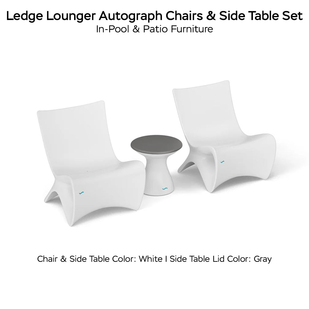 Ledge Lounger Autograph Chairs & Side Table Set Color White Table Lid Color Gray - In-Pool & Patio Furniture - Majestic Fountains