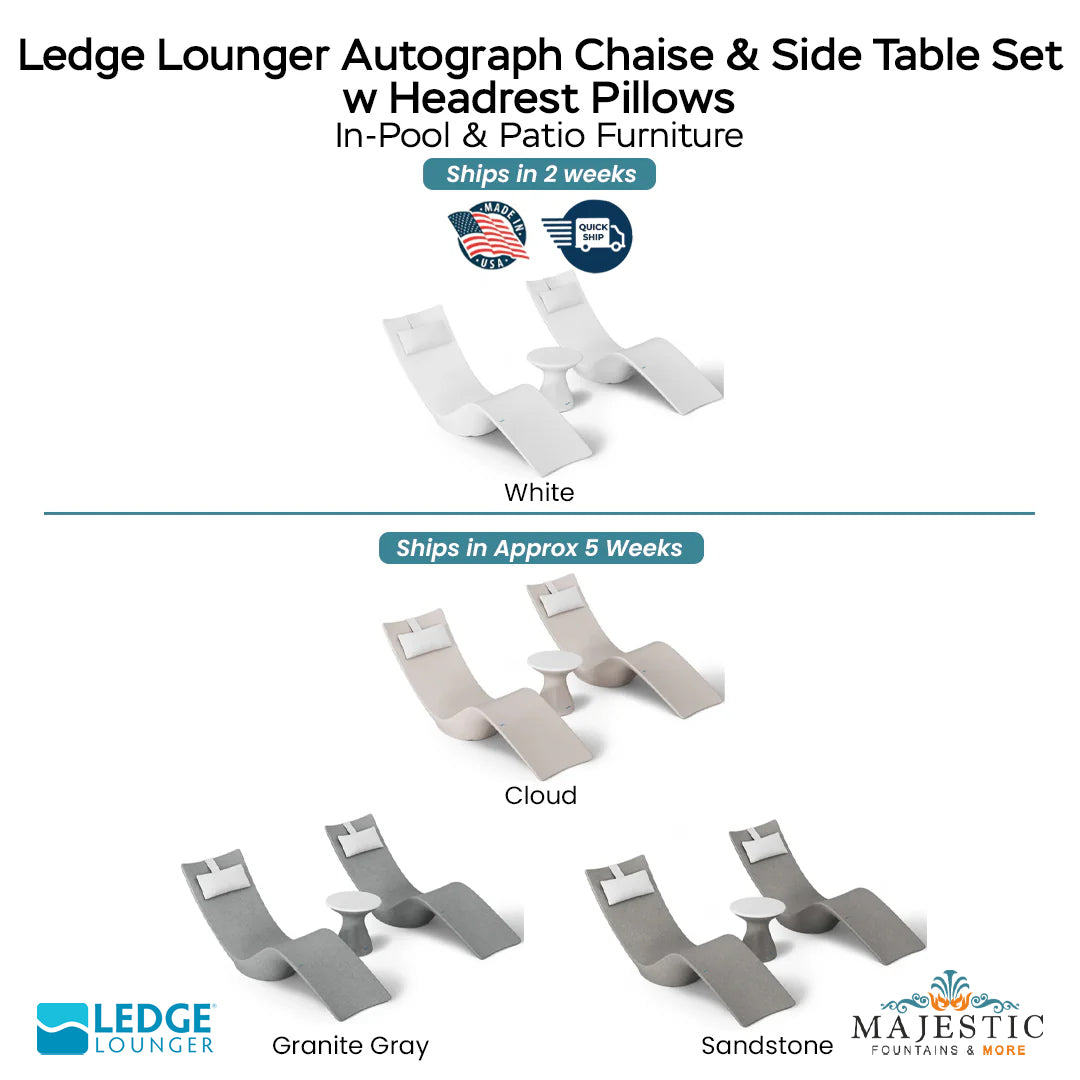 Ledge Lounger Autograph Chaise & Side Table Set w Headrest Pillows - In-Pool & Patio Furniture - Majestic Fountains