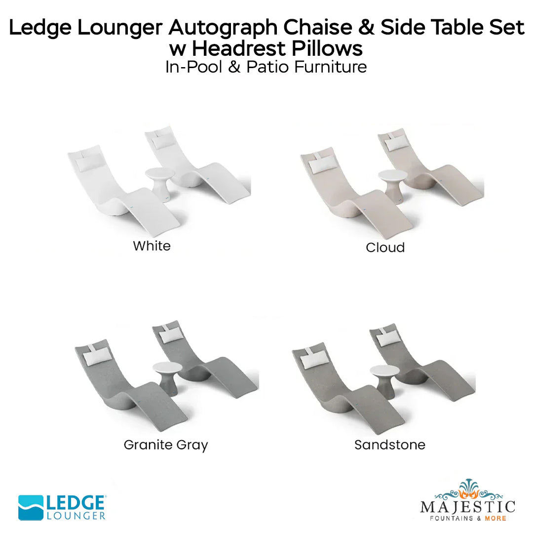 Ledge Lounger Autograph Chaise & Side Table Set w Headrest Pillows - In-Pool & Patio Furniture - Majestic Fountains