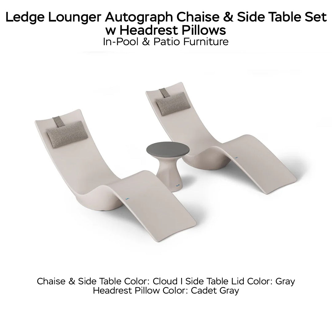 Ledge Lounger Autograph Chaise & Side Table Set w Headrest Pillows - Color Cloud - Table Lid Gray - Pillow Cadet Gray - In-Pool & Patio Furniture - Majestic Fountains