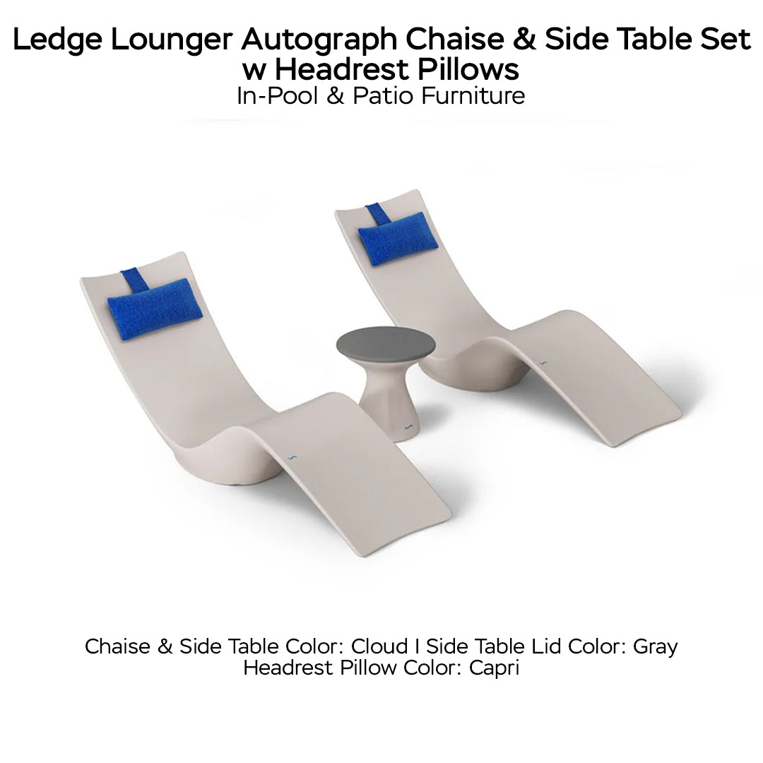 Ledge Lounger Autograph Chaise & Side Table Set w Headrest Pillows - Color Cloud - Table Lid Gray - Pillow Capri - In-Pool & Patio Furniture - Majestic Fountains