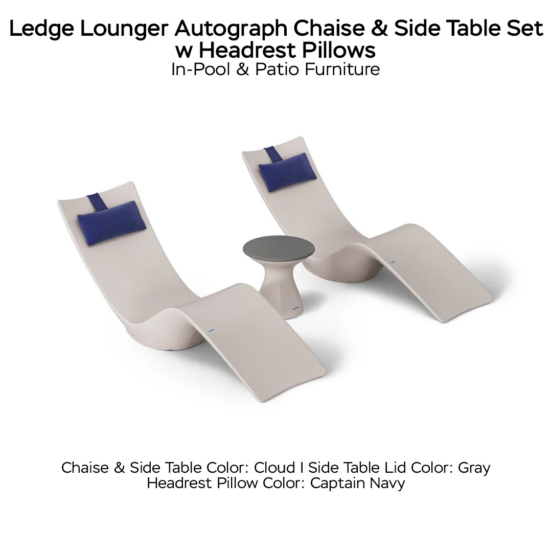 Ledge Lounger Autograph Chaise & Side Table Set w Headrest Pillows - Color Cloud - Table Lid Gray - Pillow Captain Navy - In-Pool & Patio Furniture - Majestic Fountains