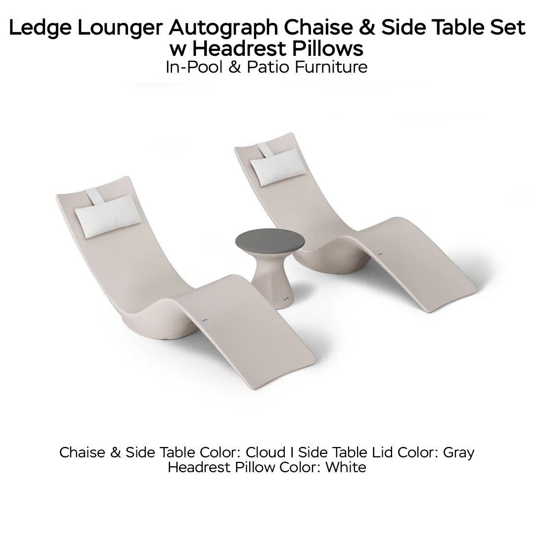 Ledge Lounger Autograph Chaise & Side Table Set w Headrest Pillows - Color Cloud - Table Lid Gray - Pillow White - In-Pool & Patio Furniture - Majestic Fountains