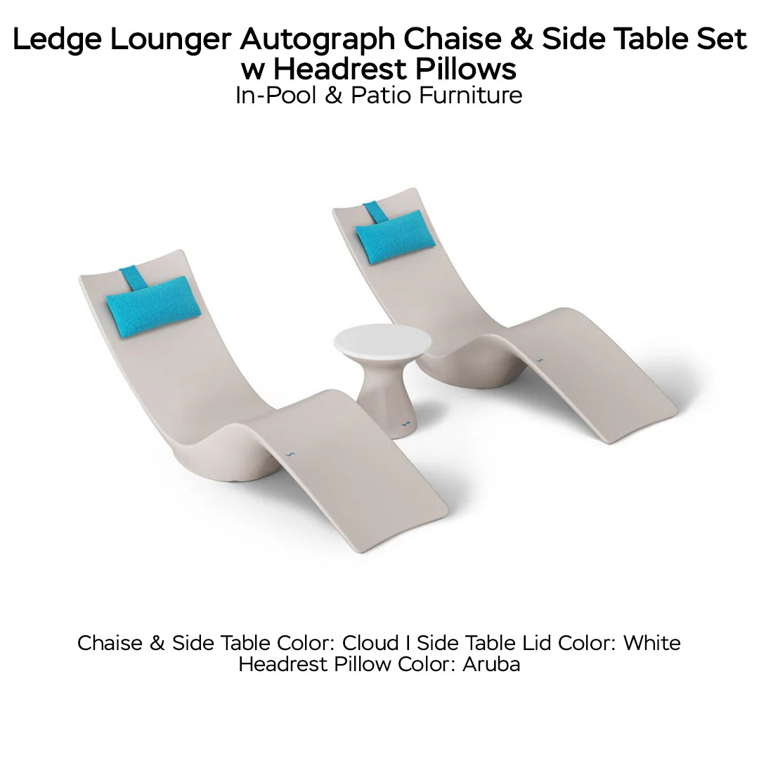 Ledge Lounger Autograph Chaise & Side Table Set w Headrest Pillows - Color Cloud - Table Lid White - Pillow Aruba - In-Pool & Patio Furniture - Majestic Fountains