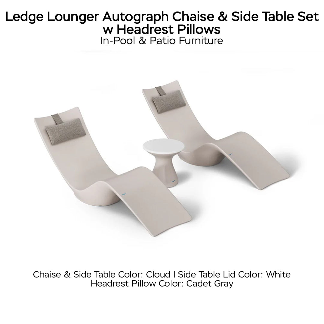 Ledge Lounger Autograph Chaise & Side Table Set w Headrest Pillows - Color Cloud - Table Lid White - Pillow Cadet Gray - In-Pool & Patio Furniture - Majestic Fountains