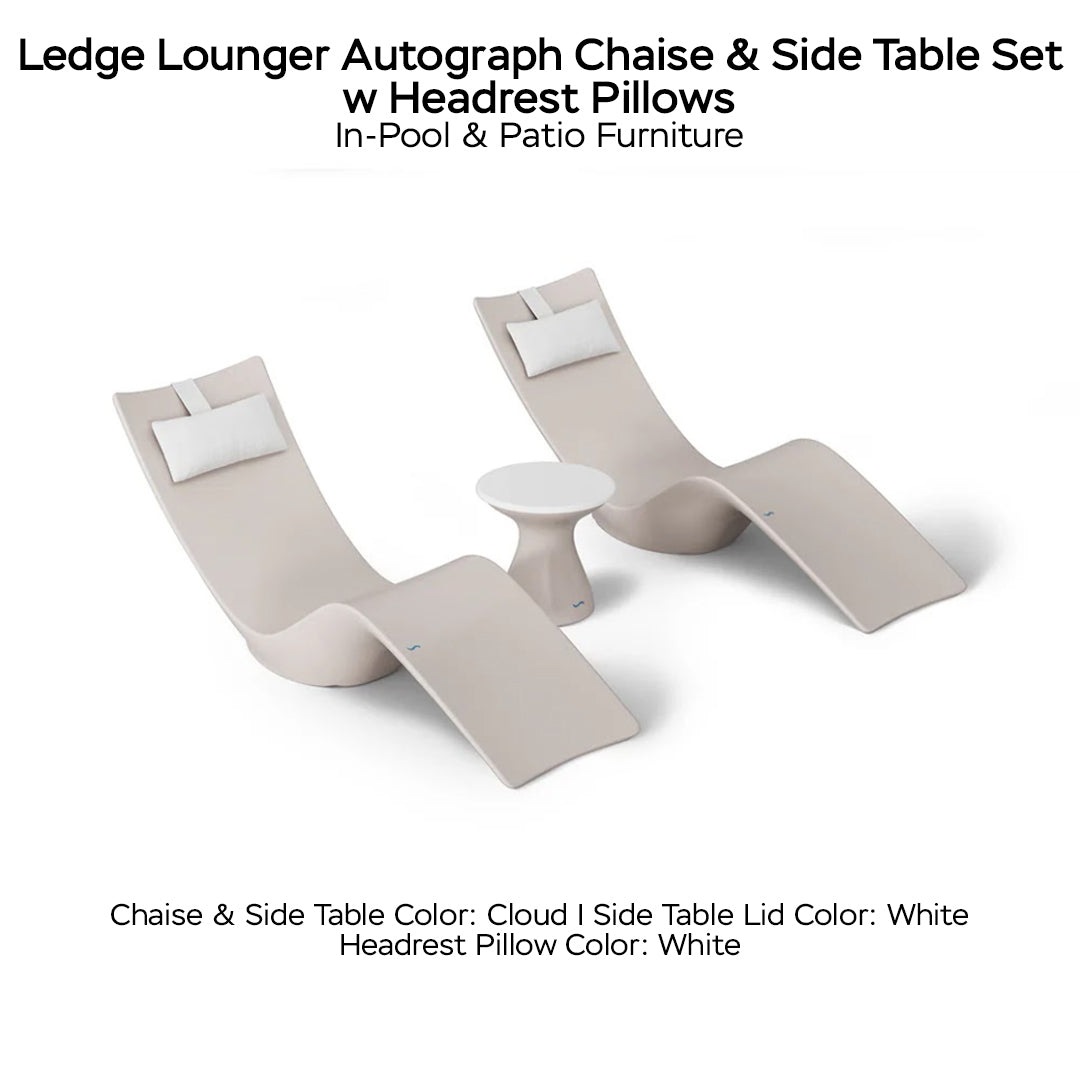 Ledge Lounger Autograph Chaise & Side Table Set w Headrest Pillows - Color Cloud - Table Lid White - Pillow White  - In-Pool & Patio Furniture - Majestic Fountains