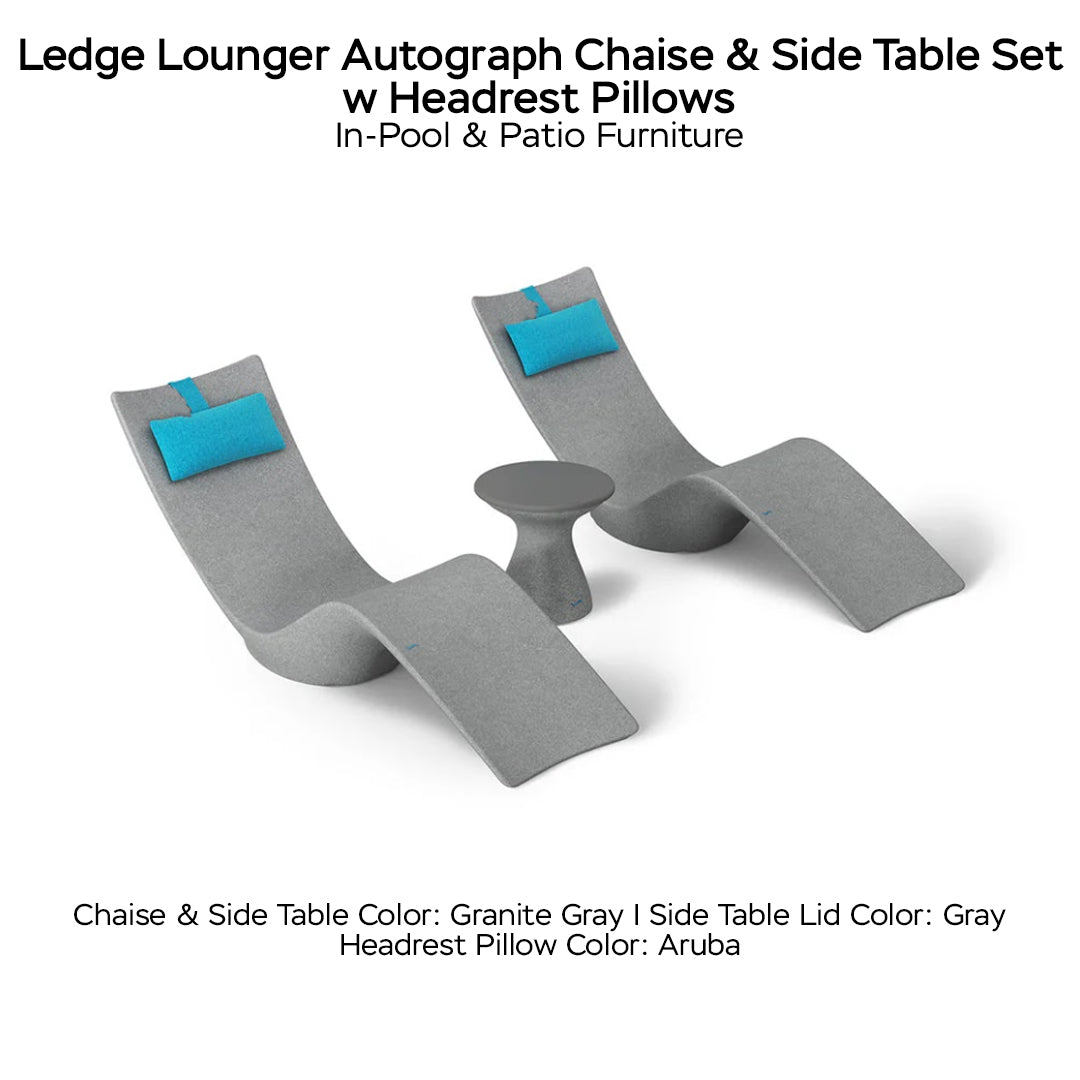 Ledge Lounger Autograph Chaise & Side Table Set w Headrest Pillows - Color Granite Gray - Table Lid Gray - Pillow Aruba - In-Pool & Patio Furniture - Majestic Fountains