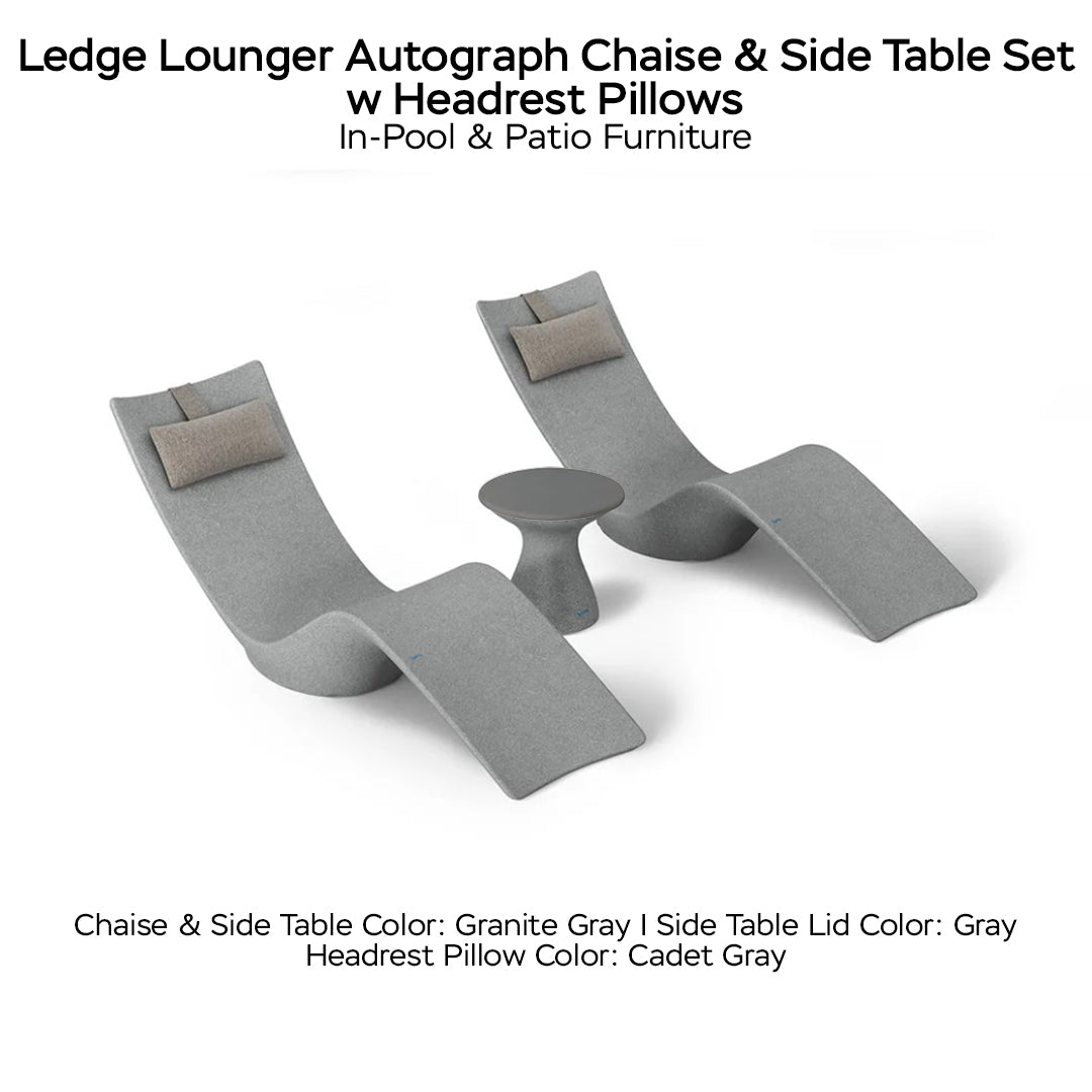 Ledge Lounger Autograph Chaise & Side Table Set w Headrest Pillows - Color Granite Gray - Table Lid Gray - Pillow Cadet Gray - In-Pool & Patio Furniture - Majestic Fountains