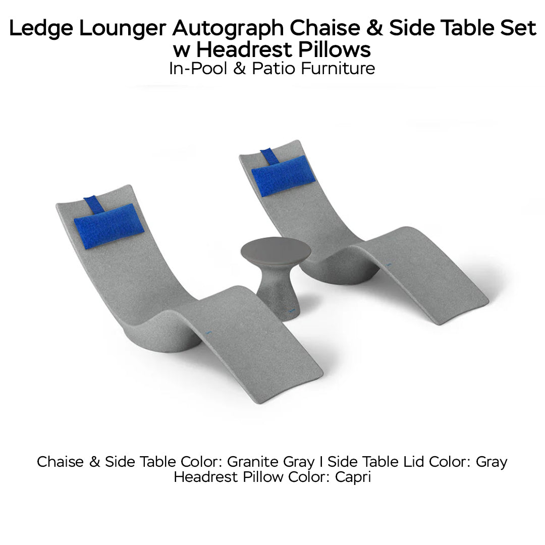 Ledge Lounger Autograph Chaise & Side Table Set w Headrest Pillows - Color Granite Gray - Table Lid Gray - Pillow Capri - In-Pool & Patio Furniture - Majestic Fountains
