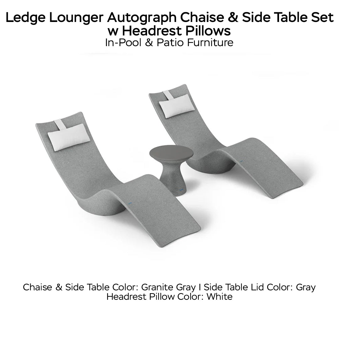Ledge Lounger Autograph Chaise & Side Table Set w Headrest Pillows - Color Granite Gray - Table Lid Gray - Pillow White - In-Pool & Patio Furniture - Majestic Fountains