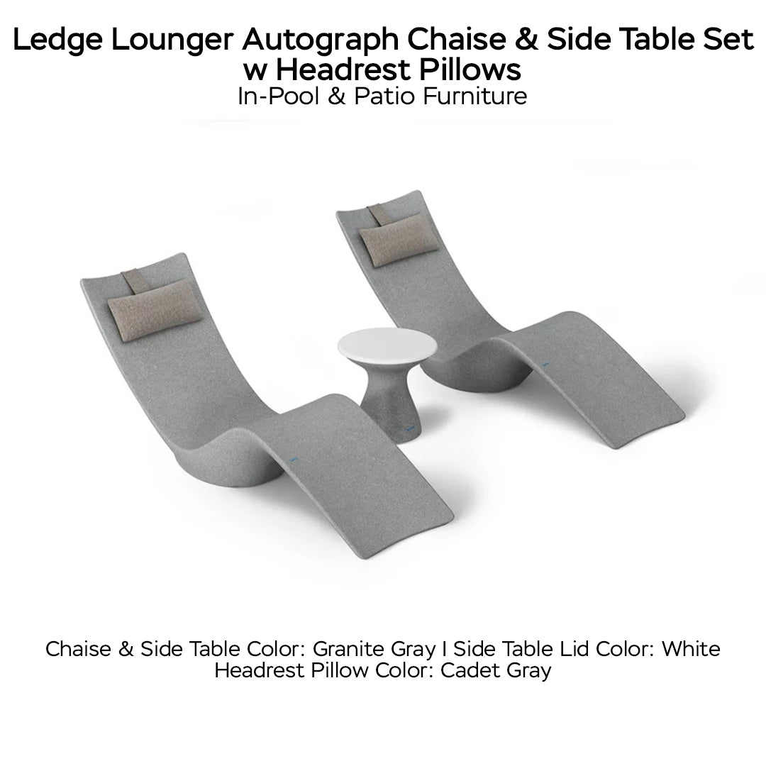 Ledge Lounger Autograph Chaise & Side Table Set w Headrest Pillows - Color Granite Gray - Table Lid White - Pillow Cadet Gray - In-Pool & Patio Furniture - Majestic Fountains