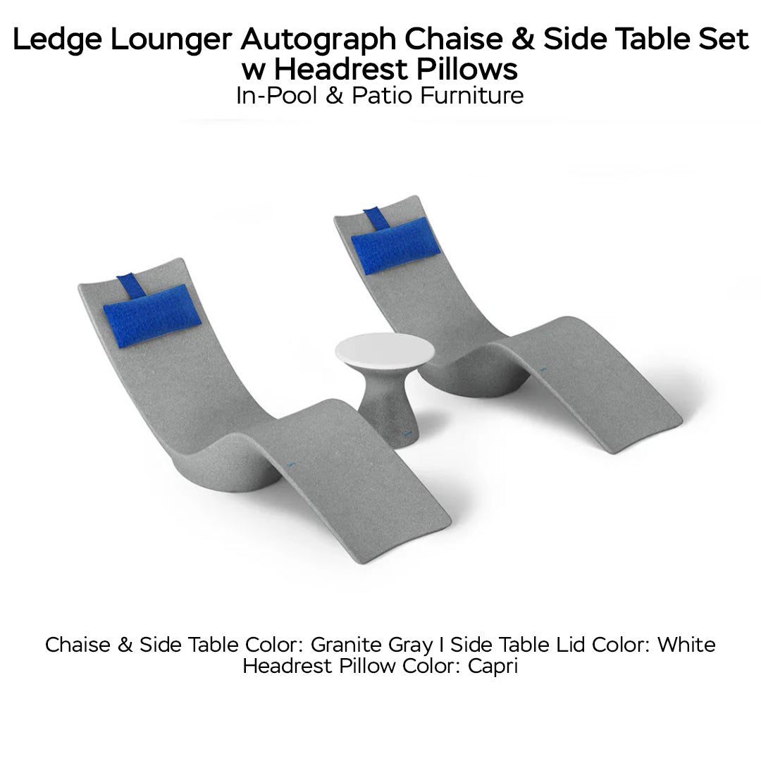 Ledge Lounger Autograph Chaise & Side Table Set w Headrest Pillows - Color Granite Gray - Table Lid White - Pillow Capri - In-Pool & Patio Furniture - Majestic Fountains