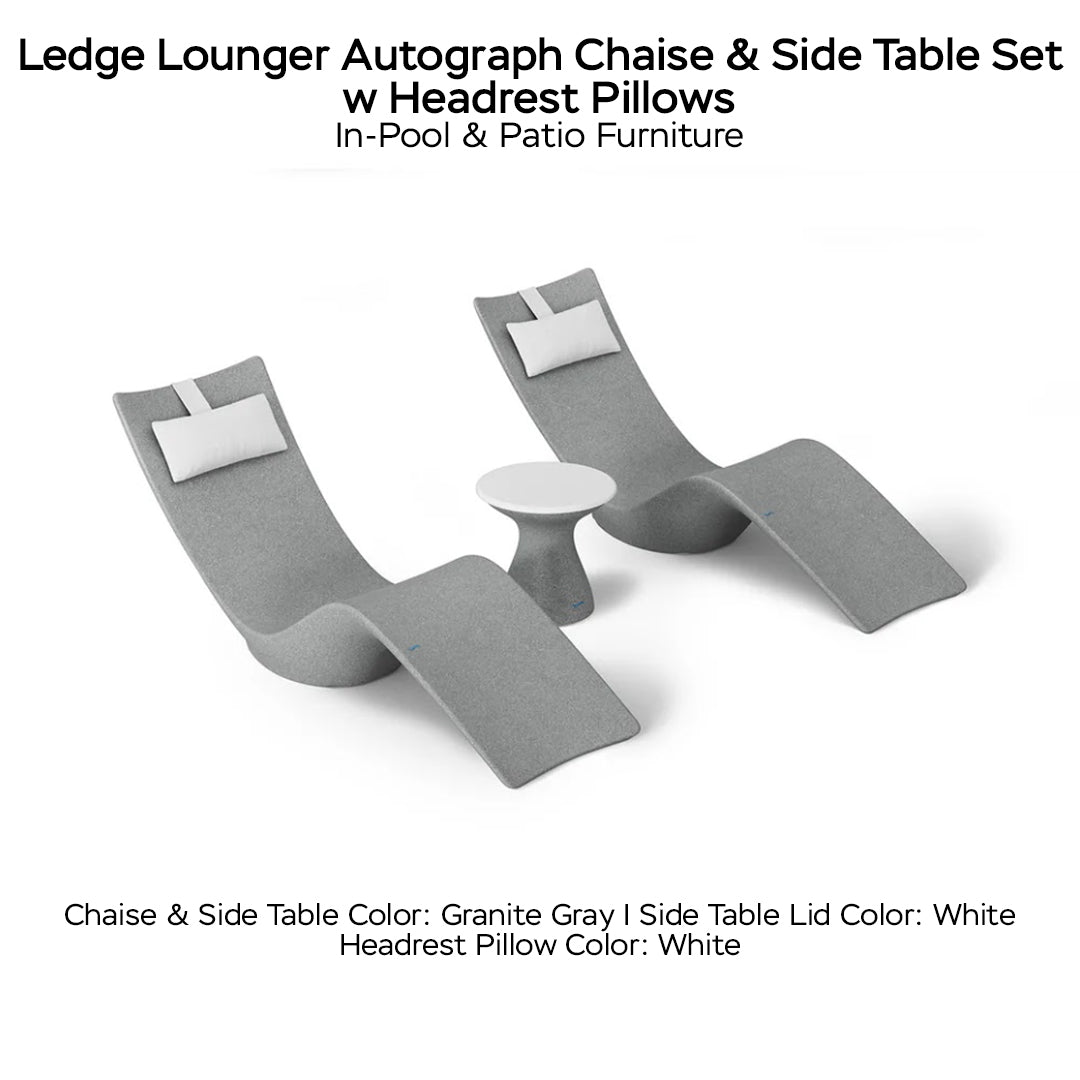 Ledge Lounger Autograph Chaise & Side Table Set w Headrest Pillows - Color Granite Gray - Table Lid White - Pillow White - In-Pool & Patio Furniture - Majestic Fountains