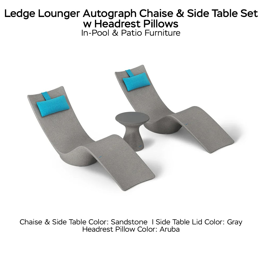 Ledge Lounger Autograph Chaise & Side Table Set w Headrest Pillows - Color Granite Gray - Table Lid Gray - Pillow Aruba - In-Pool & Patio Furniture - Majestic Fountains