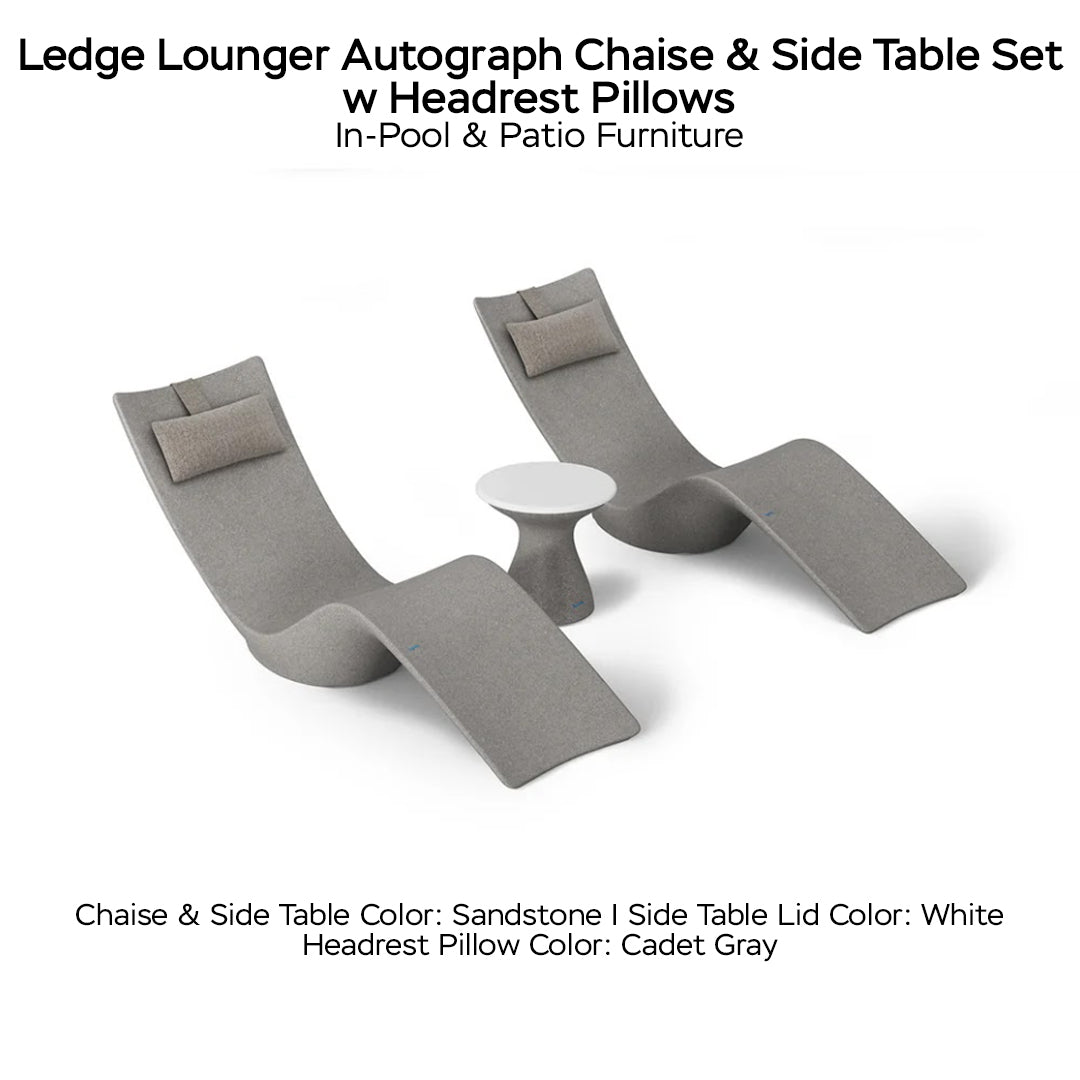 Ledge Lounger Autograph Chaise & Side Table Set w Headrest Pillows - Color Sandstone - Table Lid White - Pillow Cadet Gray - In-Pool & Patio Furniture - Majestic Fountains