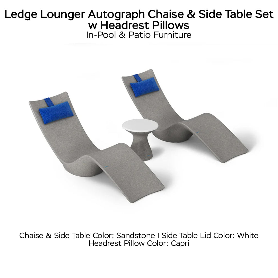 Ledge Lounger Autograph Chaise & Side Table Set w Headrest Pillows - Color Sandstone - Table Lid White - Pillow Capri - In-Pool & Patio Furniture - Majestic Fountains