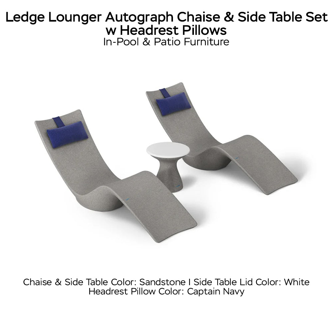 Ledge Lounger Autograph Chaise & Side Table Set w Headrest Pillows - Color Sandstone - Table Lid White - Pillow Captain Navy - In-Pool & Patio Furniture - Majestic Fountains