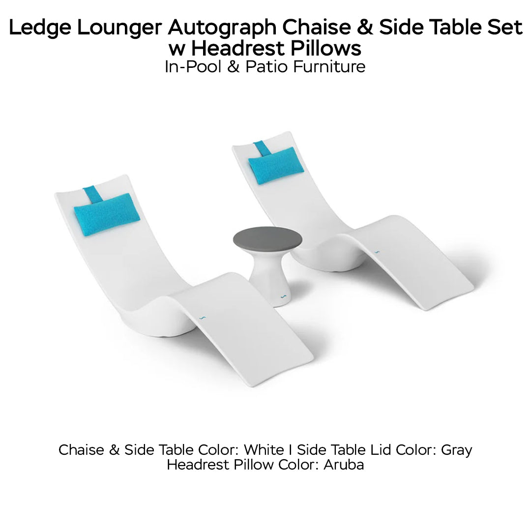 Ledge Lounger Autograph Chaise & Side Table Set w Headrest Pillows - Color White - Table Lid Gray - Pillow Aruba - In-Pool & Patio Furniture - Majestic Fountains