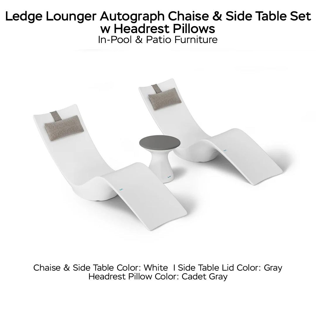 Ledge Lounger Autograph Chaise & Side Table Set w Headrest Pillows - Color White - Table Lid Gray - Pillow Cadet Gray - In-Pool & Patio Furniture - Majestic Fountains