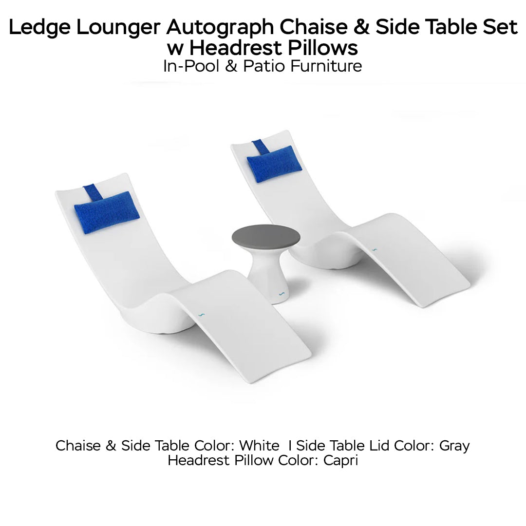 Ledge Lounger Autograph Chaise & Side Table Set w Headrest Pillows - Color White - Table Lid Gray - Pillow Capri - In-Pool & Patio Furniture - Majestic Fountains