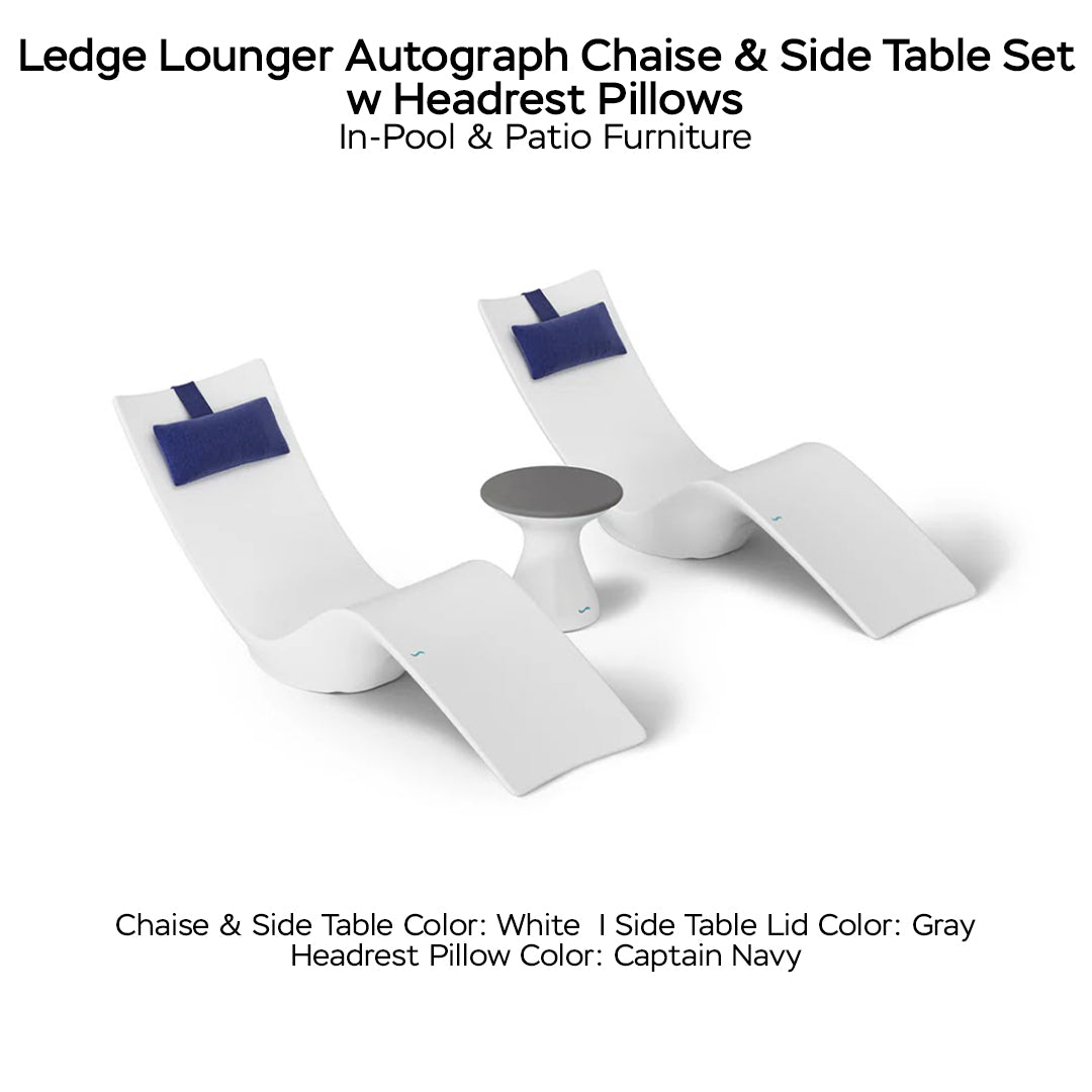 Ledge Lounger Autograph Chaise & Side Table Set w Headrest Pillows - Color White - Table Lid Gray - Pillow Captain Navy - In-Pool & Patio Furniture - Majestic Fountains