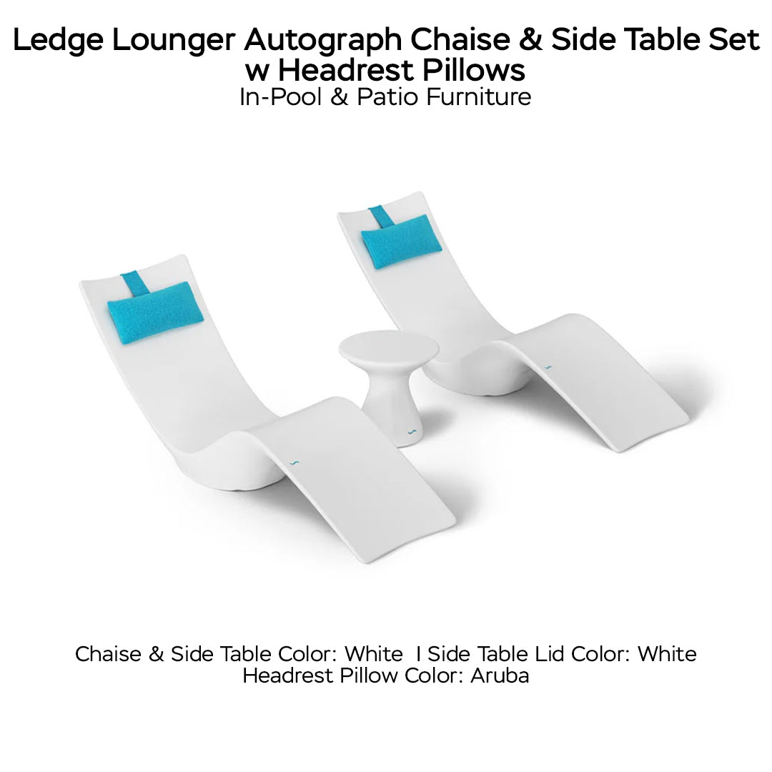 Ledge Lounger Autograph Chaise & Side Table Set w Headrest Pillows - Color White - Table Lid White - Pillow Aruba - In-Pool & Patio Furniture - Majestic Fountains
