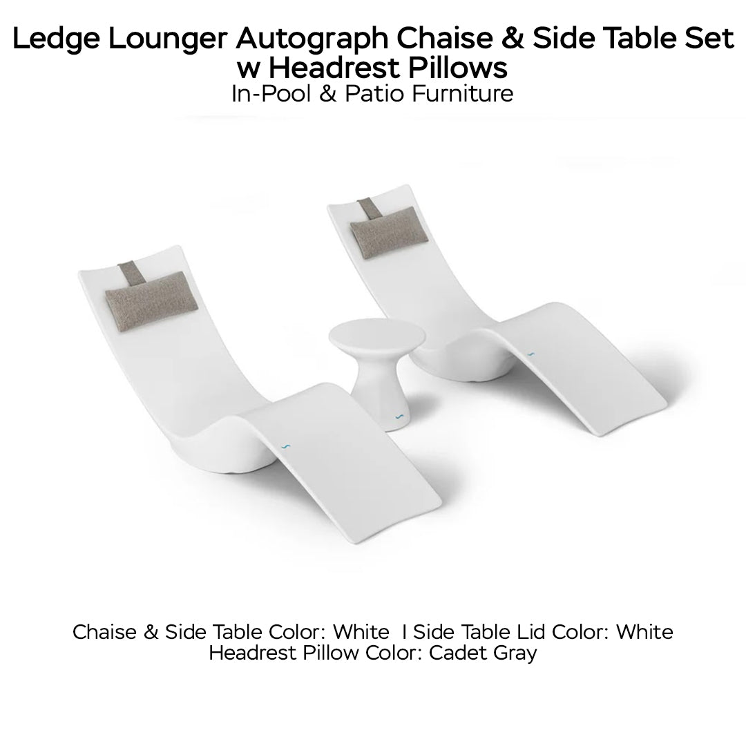 Ledge Lounger Autograph Chaise & Side Table Set w Headrest Pillows - Color White - Table Lid White - Pillow Cadet Gray - In-Pool & Patio Furniture - Majestic Fountains