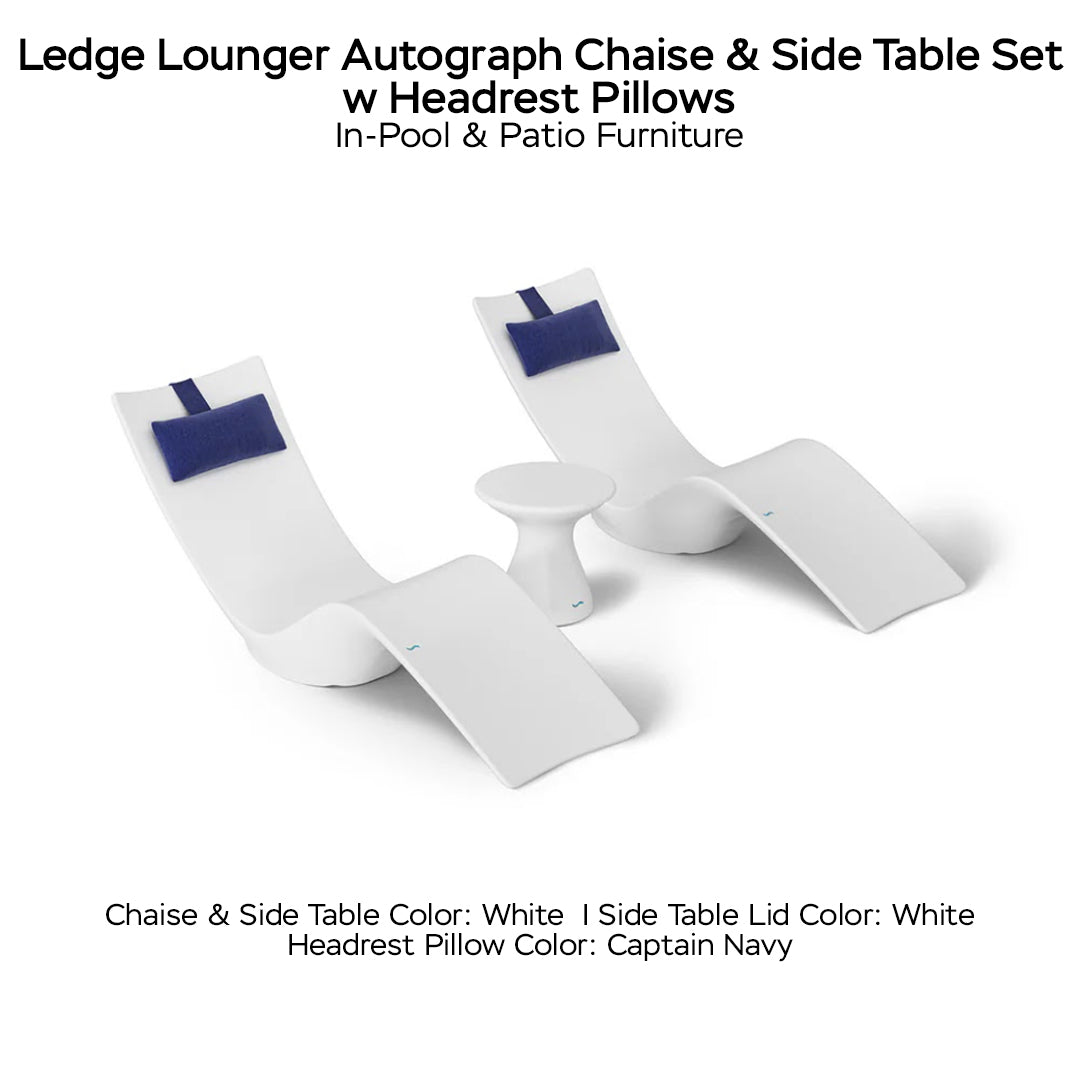Ledge Lounger Autograph Chaise & Side Table Set w Headrest Pillows - Color White - Table Lid White - Pillow Captain Navy - In-Pool & Patio Furniture - Majestic Fountains