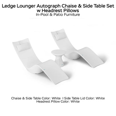 Ledge Lounger Autograph Chaise & Side Table Set w Headrest Pillows - Color White - Table Lid White - Pillow White - In-Pool & Patio Furniture - Majestic Fountains