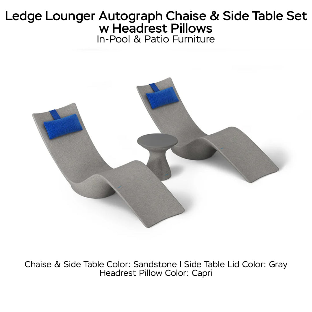 Ledge Lounger Autograph Chaise & Side Table Set w Headrest Pillows - Color Sandstone - Table Lid Gray - Pillow Capri - In-Pool & Patio Furniture - Majestic Fountains