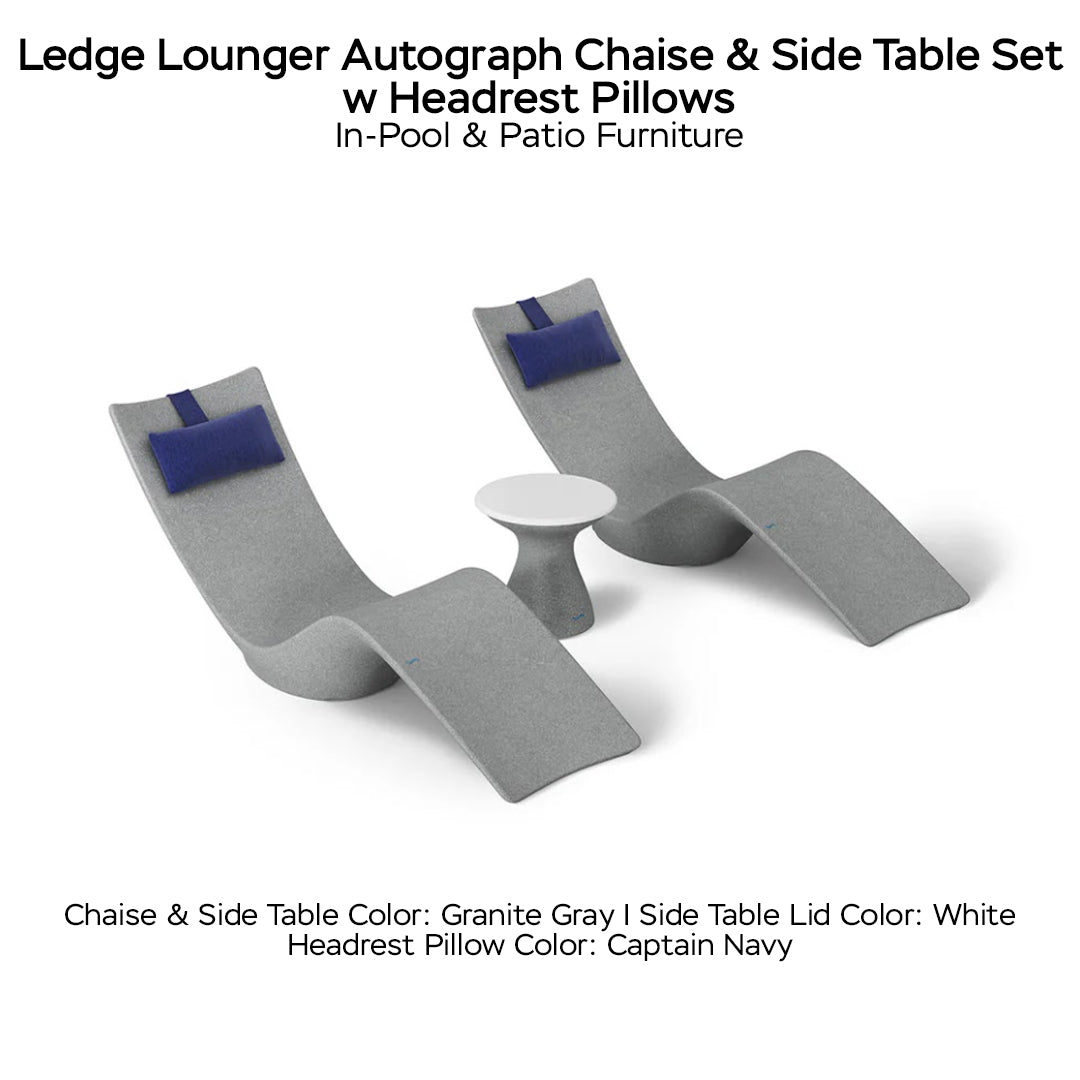 Ledge Lounger Autograph Chaise & Side Table Set w Headrest Pillows - Color Granite Gray - Table Lid White - Pillow Captain Navy - In-Pool & Patio Furniture - Majestic Fountains