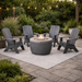 Ledge Lounger Halo Fire Pit Table w Set of 4 Mainstay Adirondack Chairs in Twilight -  Majestic Fountains