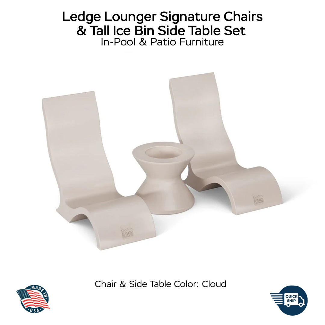 QUICKSHIP Ledge Lounger Signature Chairs & Tall Ice Bin Side Table Set Chair & Table Color Cloud - In Pool & Patio Furniture - Majestic Fountains