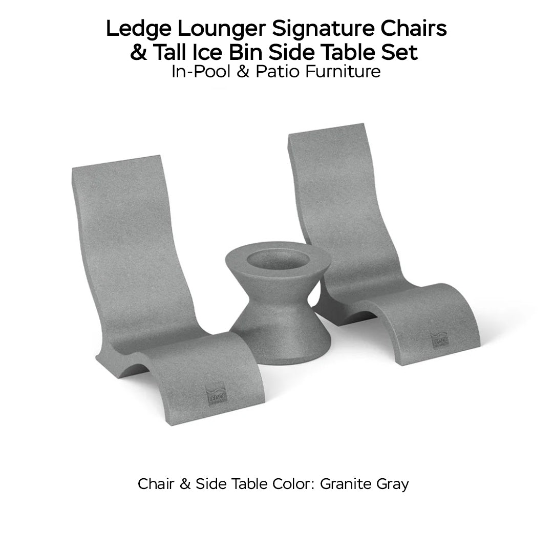 Ledge Lounger Signature Chairs & Tall Ice Bin Side Table Set Chair & Table Color Granite Gray - In Pool & Patio Furniture - Majestic Fountains