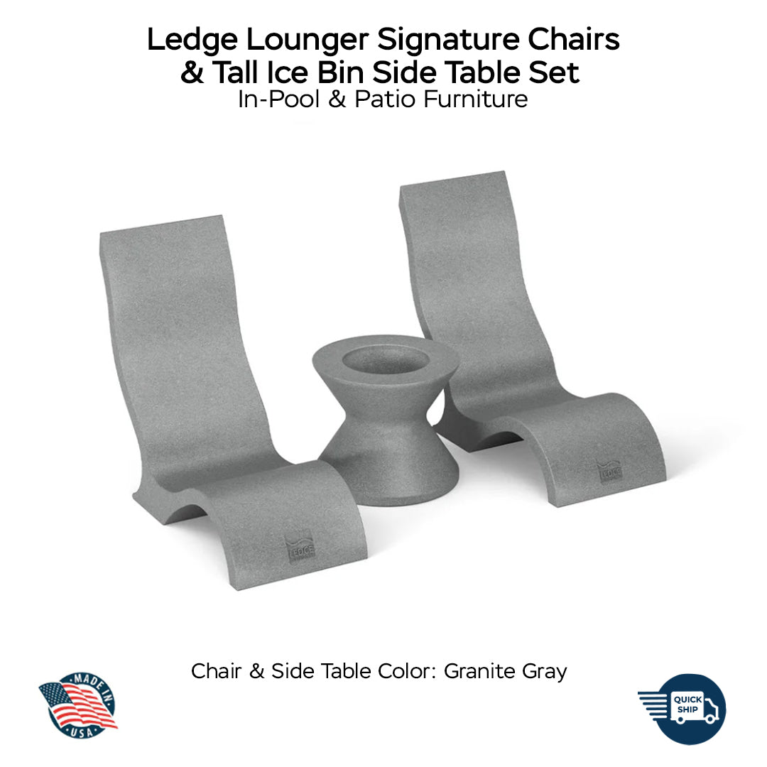 QUICKSHIP Ledge Lounger Signature Chairs & Tall Ice Bin Side Table Set Chair & Table Color Granite Gray - In Pool & Patio Furniture - Majestic Fountains