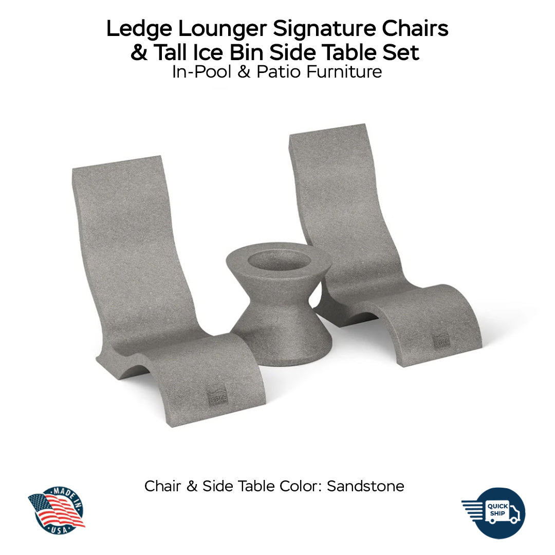 QUICKSHIP Ledge Lounger Signature Chairs & Tall Ice Bin Side Table Set Chair & Table Color Sandstone - In Pool & Patio Furniture - Majestic Fountains